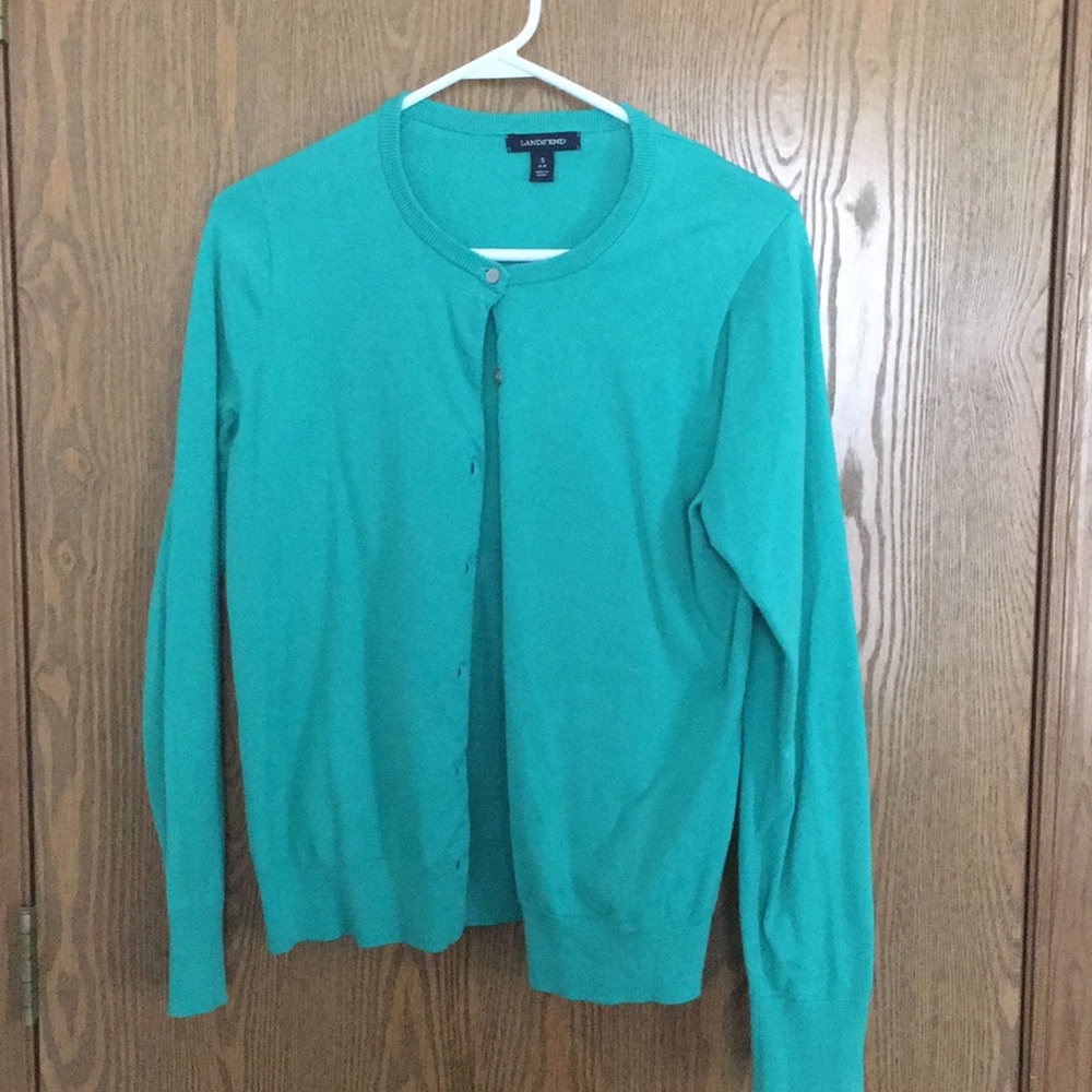 Lands’ End aqua cardigan size small (6-8)
